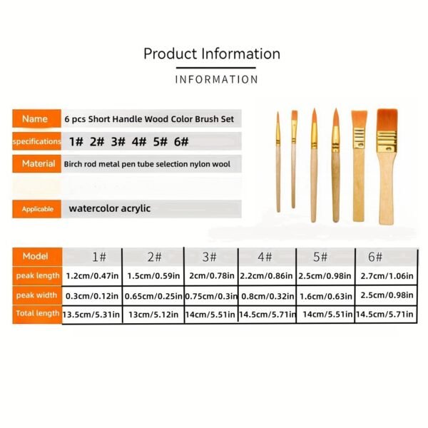 6-Piece Short-Handled Wood-Tone Nylon Paintbrush Set