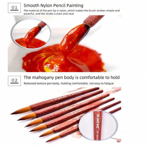 6 Pcs Artist Acrylic Brushes, Round Tip Nylon, Soft and Anti-Fall, Red Brown Handle, Comfortable and Durable - Suitable for Watercolor, Gouache, Acrylic, Ink Painting, Essential for Painters