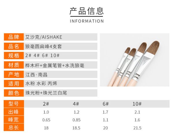 16-Piece Flat-Tip Round-Flat-Tip Wolf-Ting Round-Tip Brush Set
